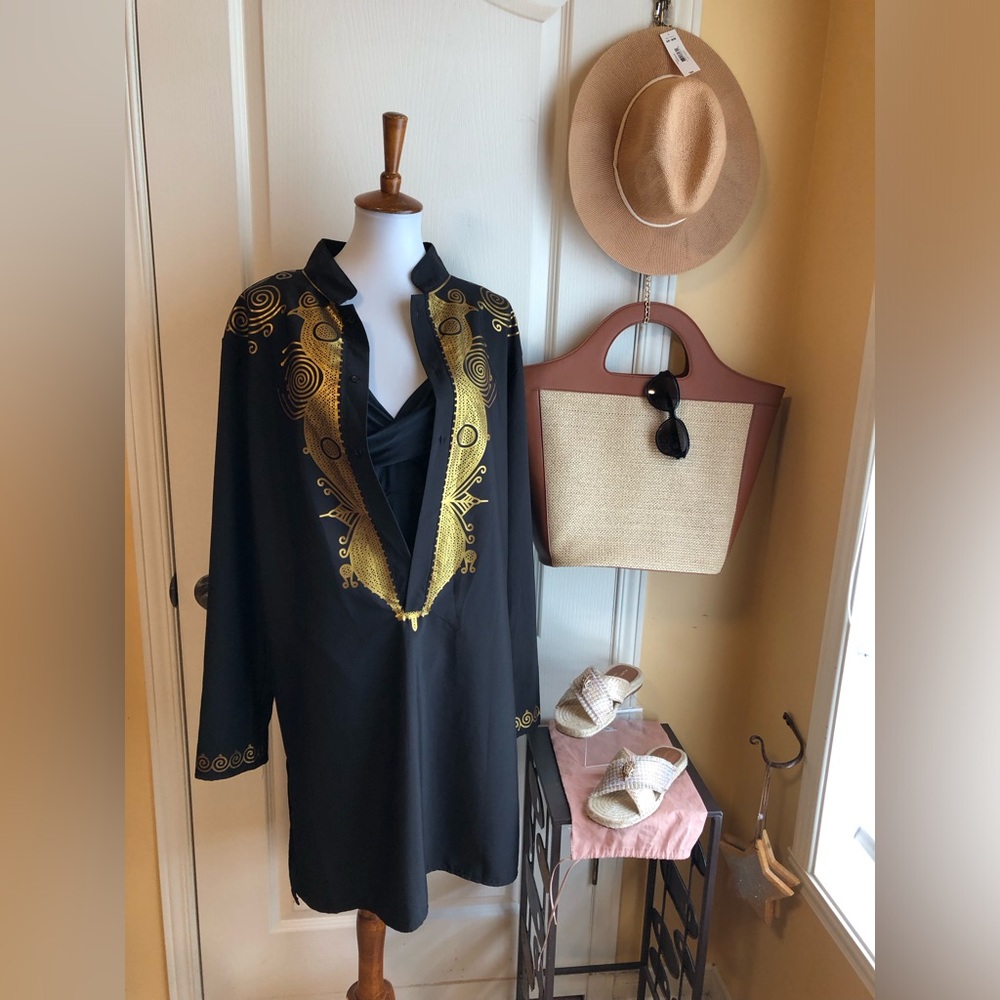 Tunic ,swimsuit cover up kimono gold print